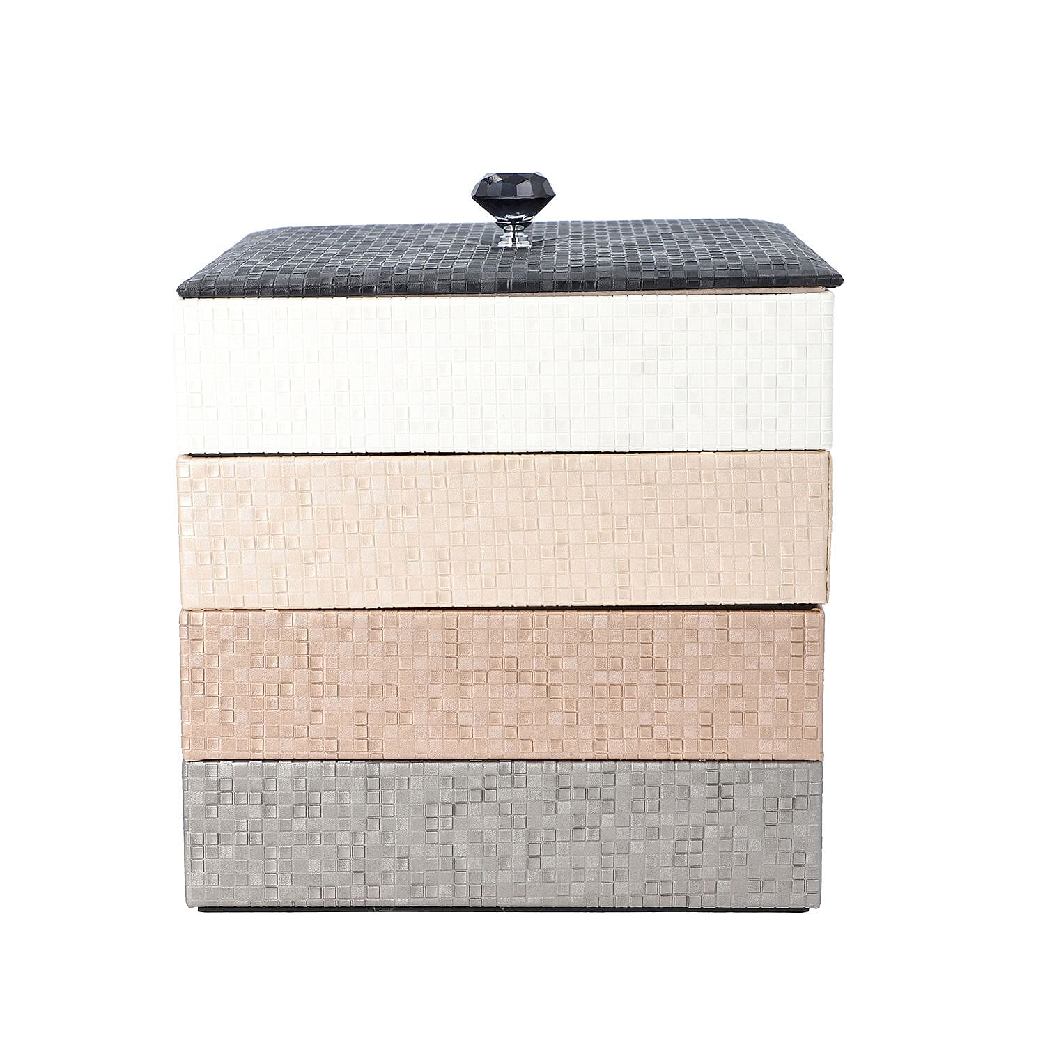 4-Layer Stackable Jewellery Oragnizer with Inside Mirror and Anti Tarnish Lining ( Size 21.59x21.59x21.59 Cm) - Black, White, Champagne and Grey