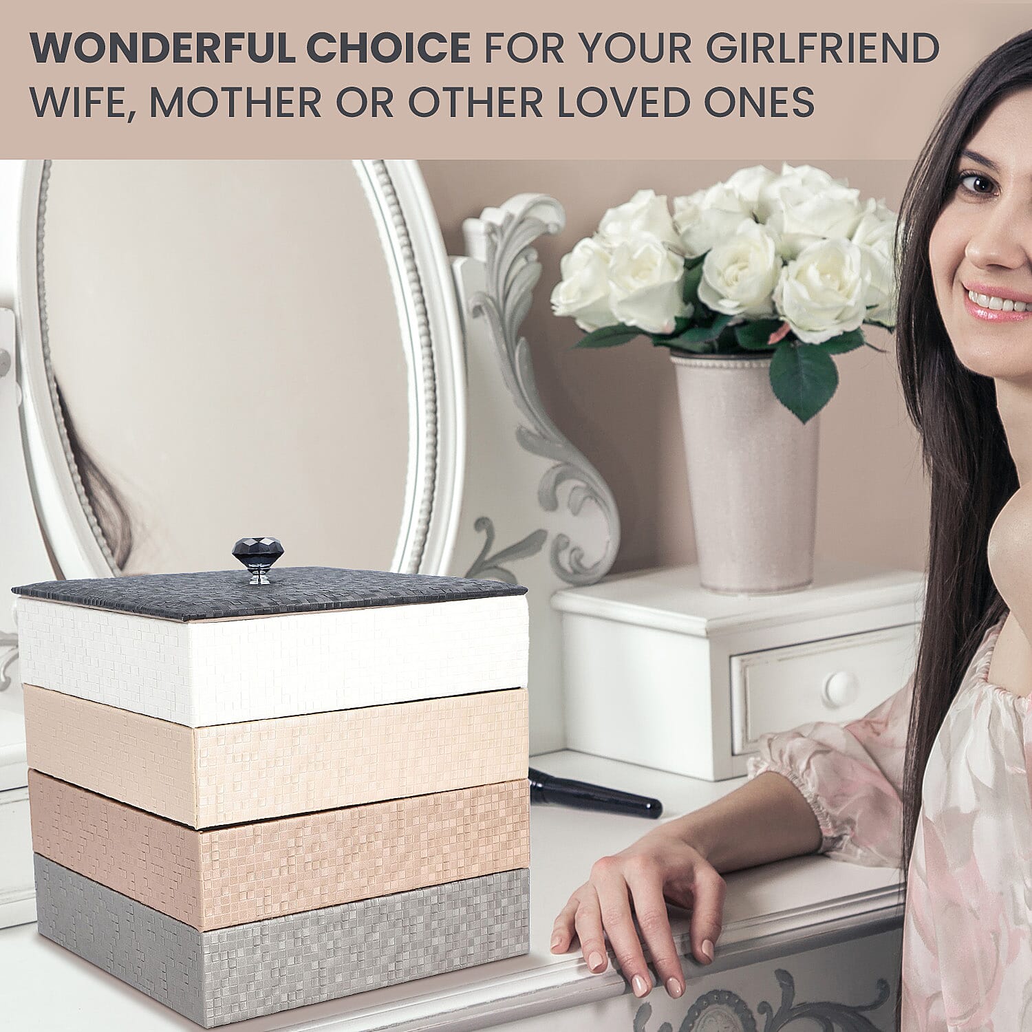 4-Layer Stackable Jewellery Oragnizer with Inside Mirror and Anti Tarnish Lining ( Size 21.59x21.59x21.59 Cm) - Black, White, Champagne and Grey