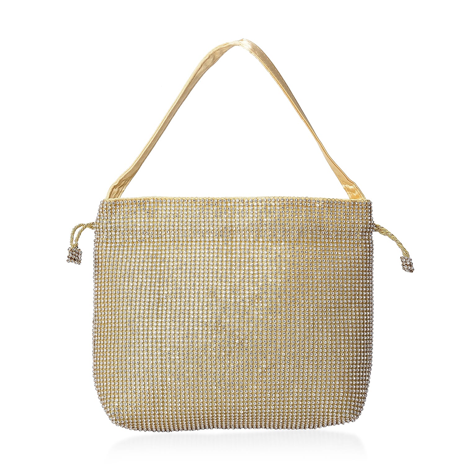Crystal Studded Drawstring Tote Bag (Size 21x21.5x4 Cm) - Gold and White