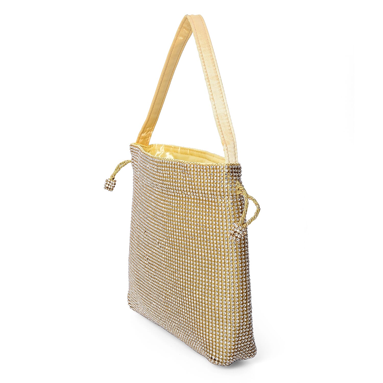 Crystal Studded Drawstring Tote Bag (Size 21x21.5x4 Cm) - Gold and White