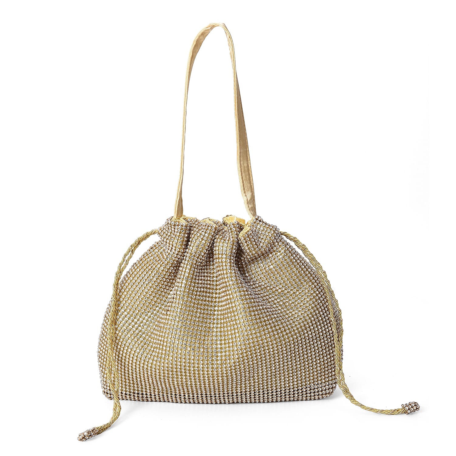 Crystal Studded Drawstring Tote Bag (Size 21x21.5x4 Cm) - Gold and White