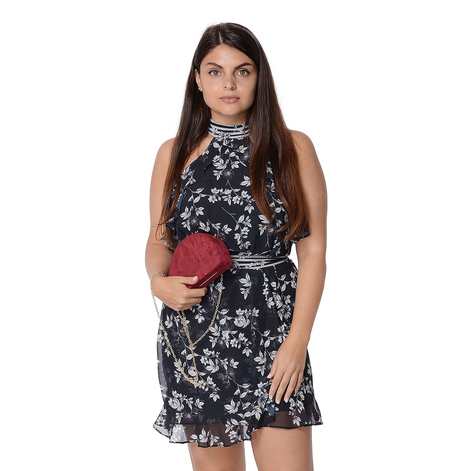 Semi Circle Clutch Bag with Detachable Shoulder Chain Strap (Size 20x13x4.5 Cm) - Burgundy