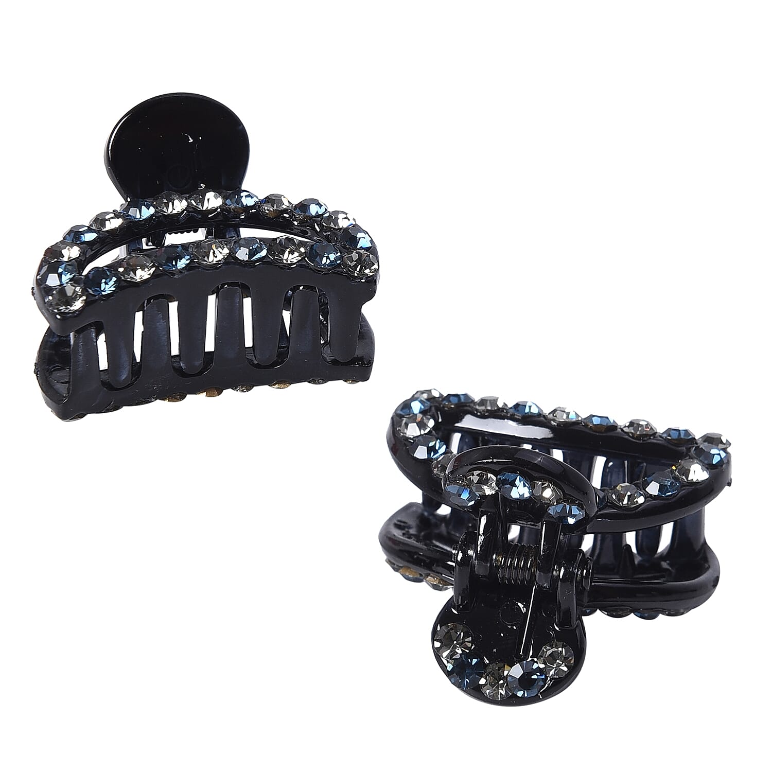 Set of 2 - Crystal Studded Small Hair Claw Clip - Grey and Blue Black