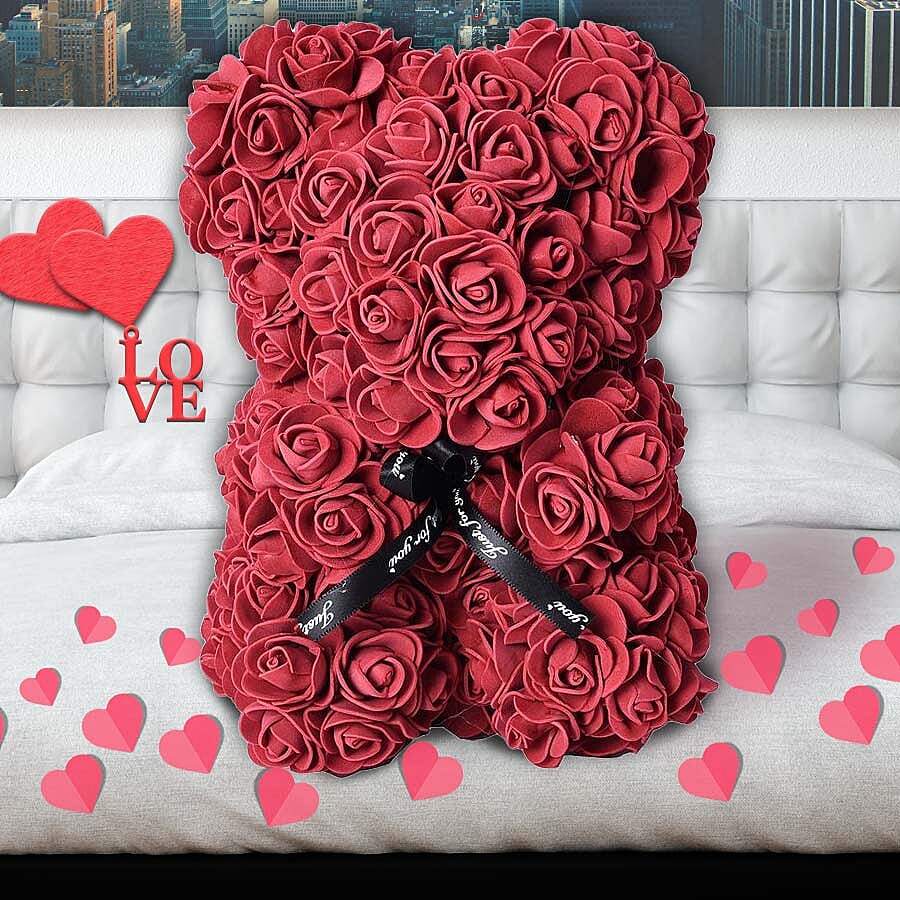 Lovely Rose Flower Bear with Bow Tie - Wine Red