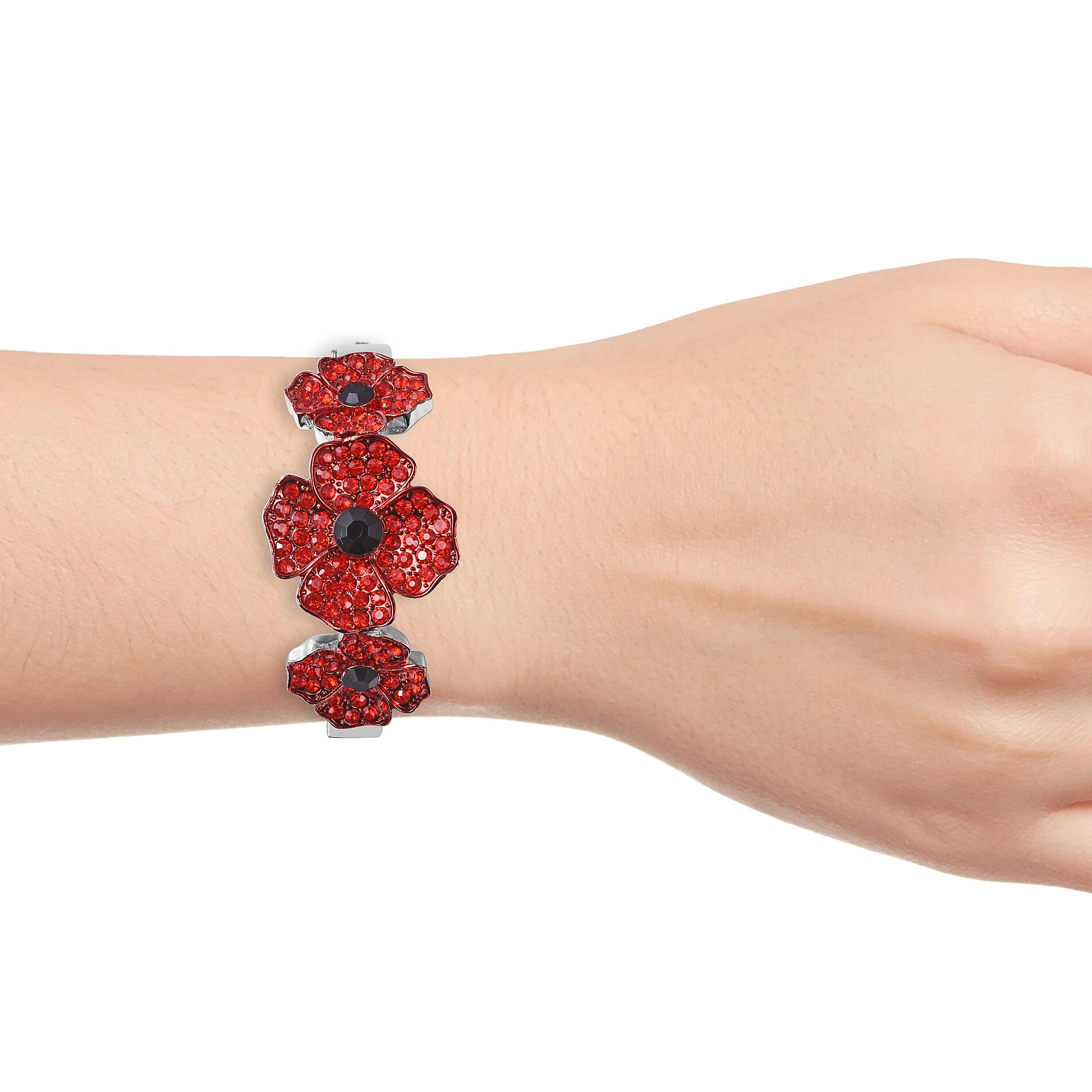 TJC  Design Red and Black Austrian Crystal (Rnd) Enamelled  Flower Bangle (Size 7)