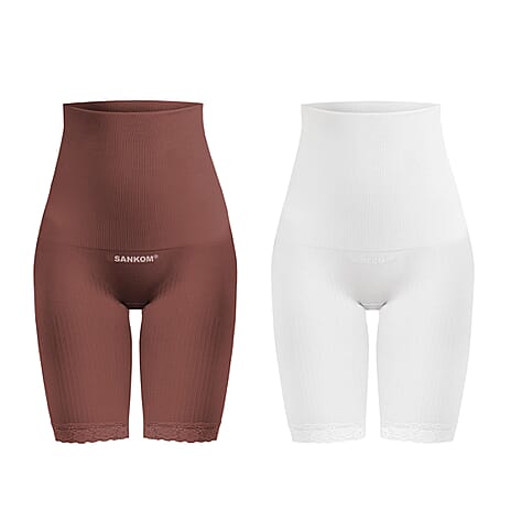 2 Piece Set - SANKOM SWITZERLAND Patent Classic Posture Correction Shapers Shorts with Lace (Size XXXL, 22-24) - Taupe and White