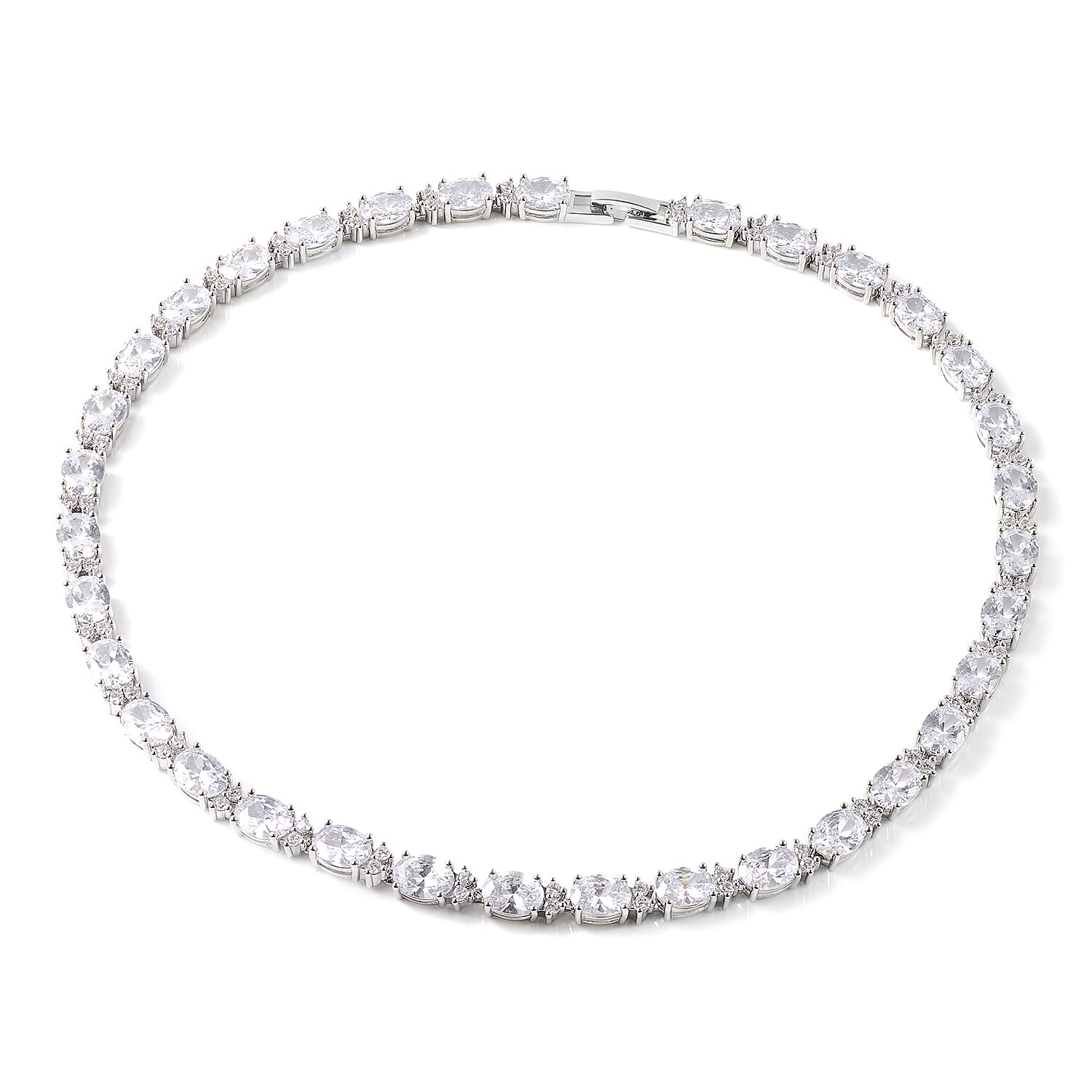 Designer Inspired- Simulated White Diamond (Ovl and Rnd) Tennis Necklace (Size 16)