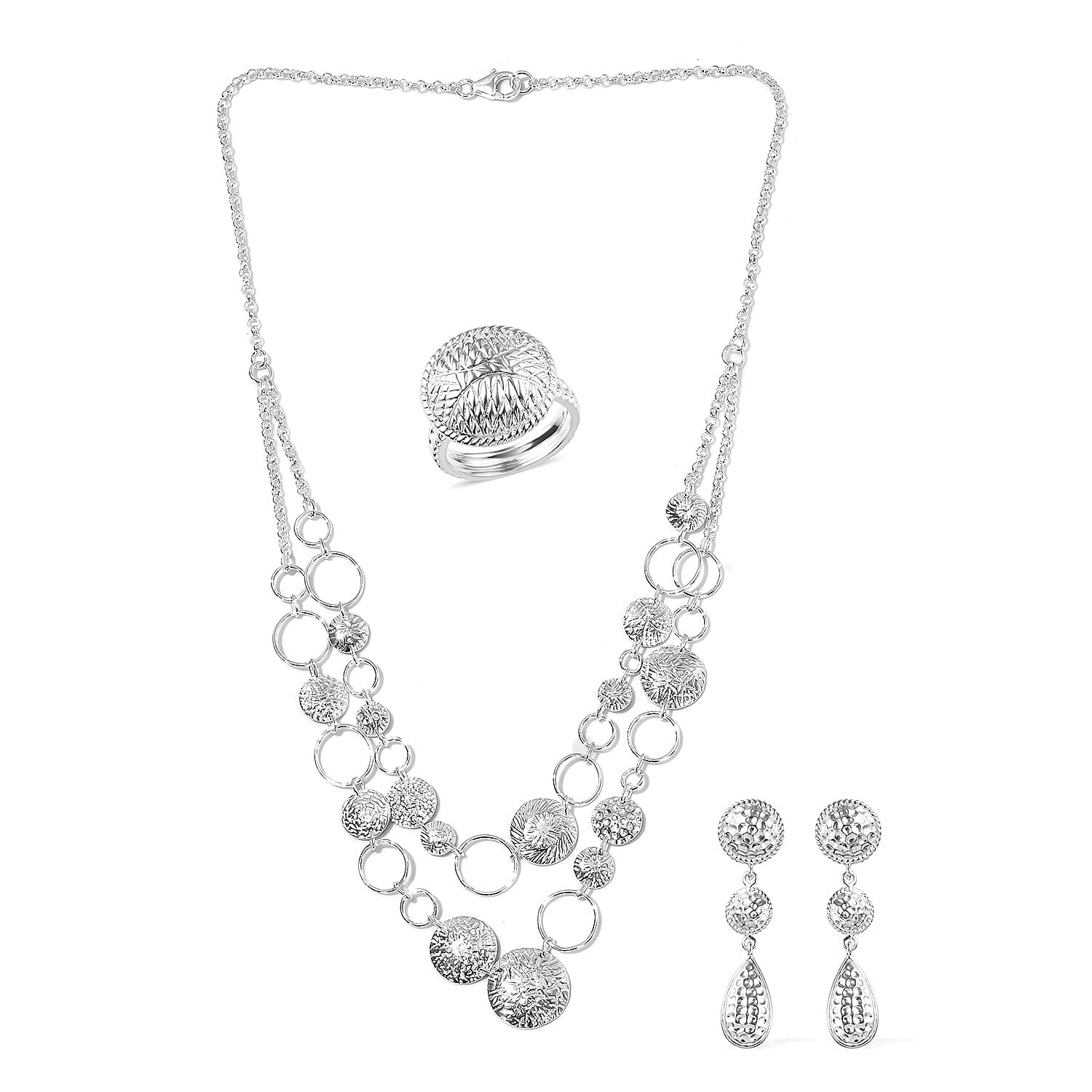 Designer Inspired - 3 Piece Set - Sterling Silver Necklace (Size 18), Ring and Earrings (with Push Back), Silver wt. 30.00 Gms