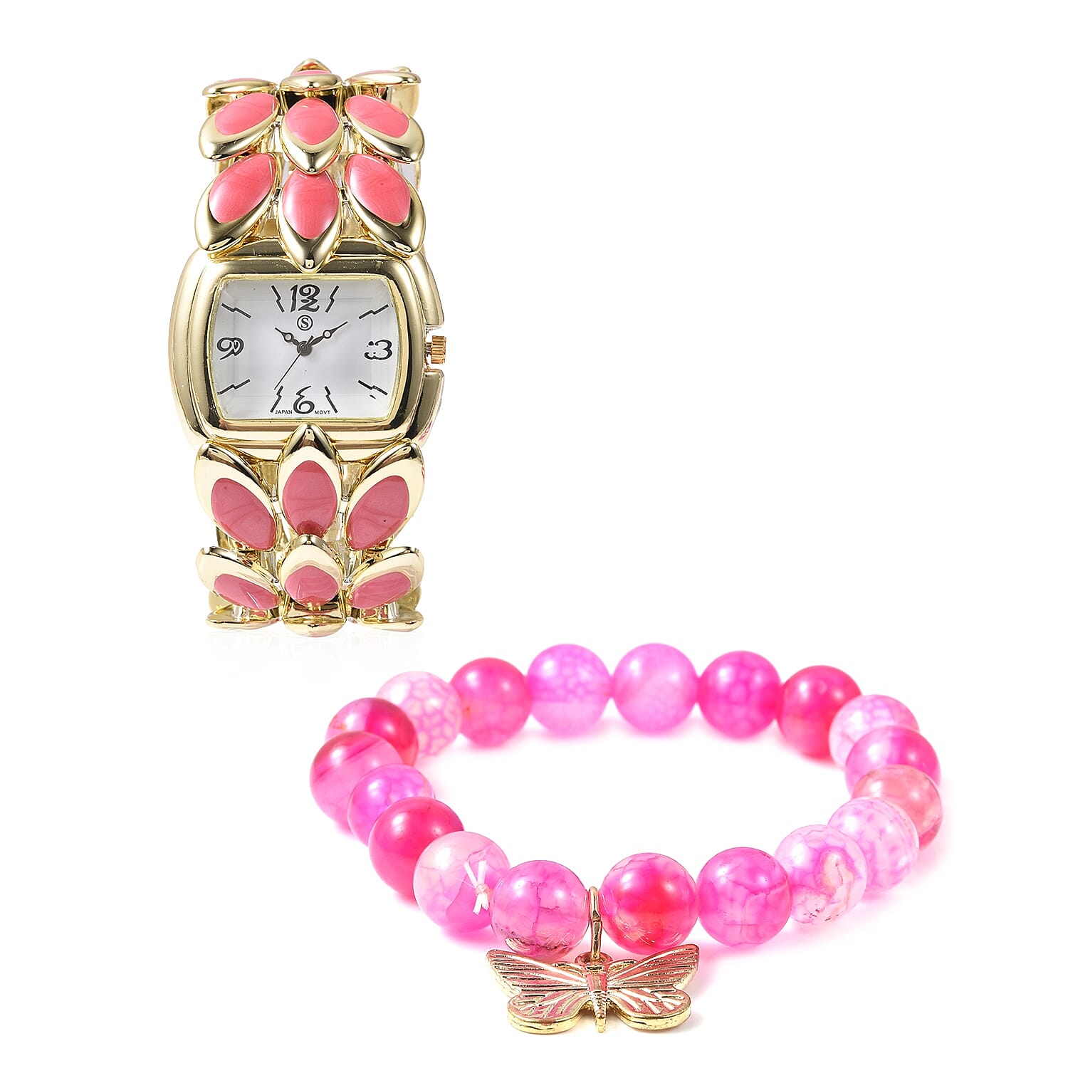 2 Piece Set - STRADA Japanese Movement Water Resistant Bracelet Watch and Fuschia Agate Stretchable Bracelet (Size 6.5-7.0) with Butterfly Charm in Yellow Gold Plated