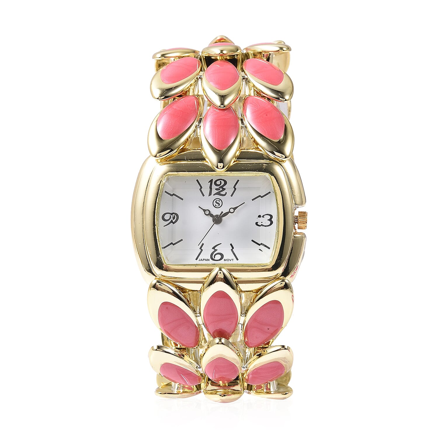 2 Piece Set - STRADA Japanese Movement Water Resistant Bracelet Watch and Fuschia Agate Stretchable Bracelet (Size 6.5-7.0) with Butterfly Charm in Yellow Gold Plated