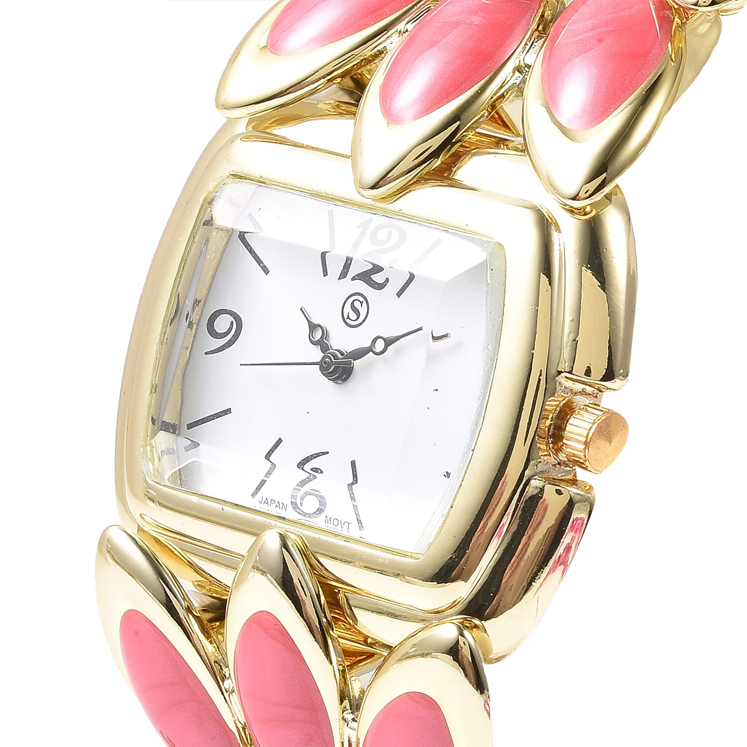 2 Piece Set - STRADA Japanese Movement Water Resistant Bracelet Watch and Fuschia Agate Stretchable Bracelet (Size 6.5-7.0) with Butterfly Charm in Yellow Gold Plated