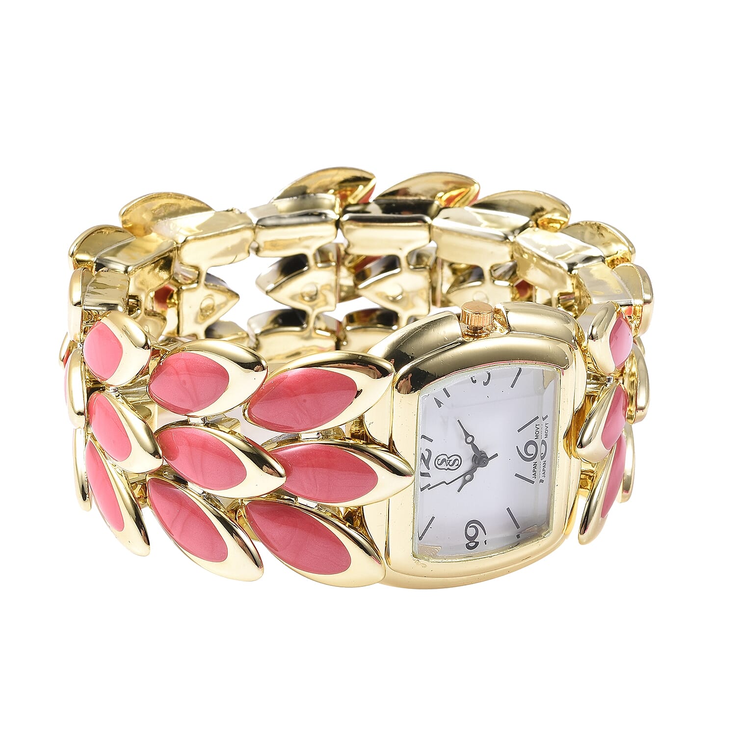 2 Piece Set - STRADA Japanese Movement Water Resistant Bracelet Watch and Fuschia Agate Stretchable Bracelet (Size 6.5-7.0) with Butterfly Charm in Yellow Gold Plated