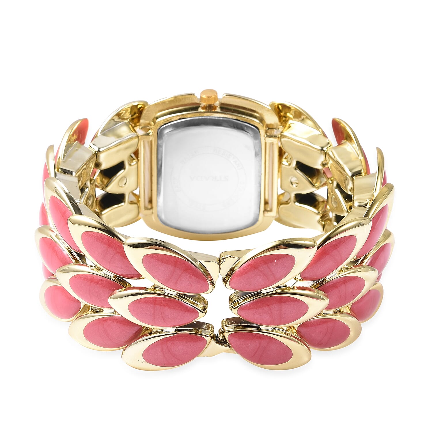 2 Piece Set - STRADA Japanese Movement Water Resistant Bracelet Watch and Fuschia Agate Stretchable Bracelet (Size 6.5-7.0) with Butterfly Charm in Yellow Gold Plated