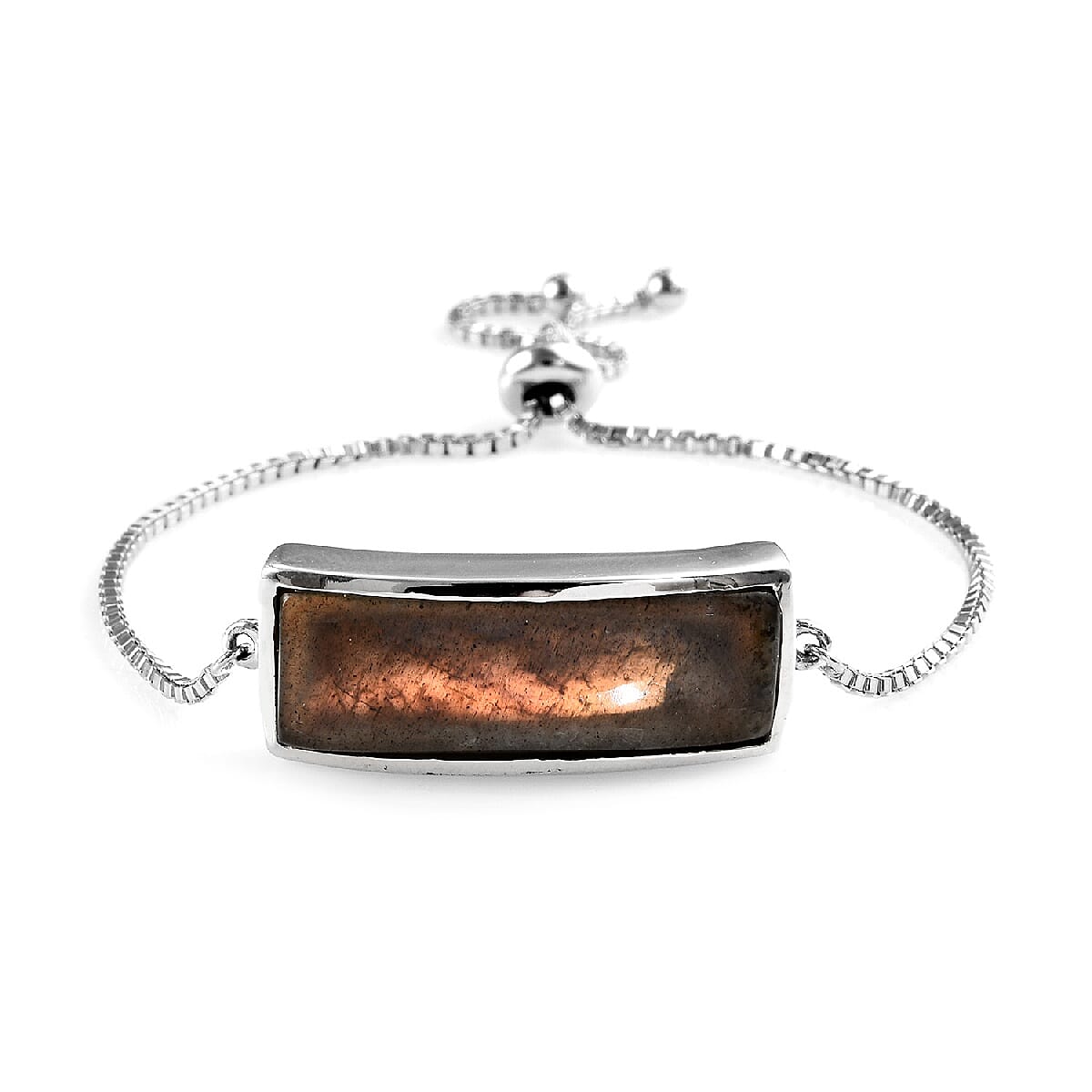 100% Natural Fire Labradorite (Bgt 30x10 mm) Bolo Bracelet (Size 6.5 - 9) Platinum Overlay Sterling Silver 22.00 Ct, Silver wt 9.80 Gms