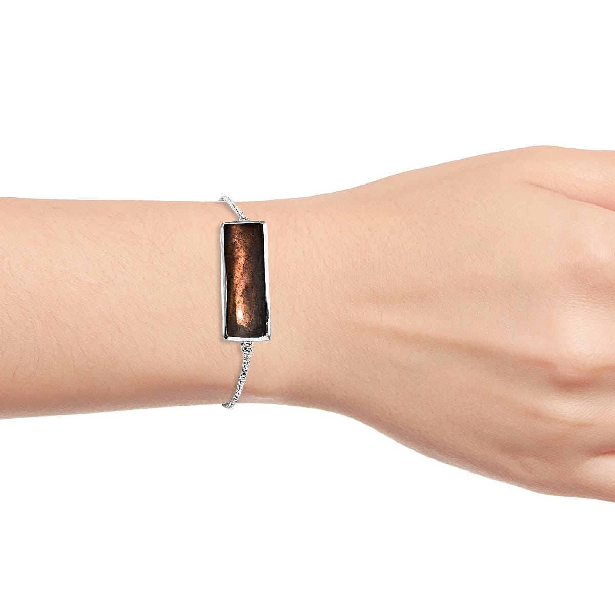 100% Natural Fire Labradorite (Bgt 30x10 mm) Bolo Bracelet (Size 6.5 - 9) Platinum Overlay Sterling Silver 22.00 Ct, Silver wt 9.80 Gms