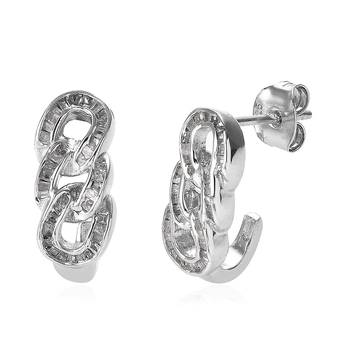 Diamond (Bgt) Curb Link Earrings (with Push Back) in Platinum Overlay Sterling Silver 0.33 Ct, Number of Diamond 112