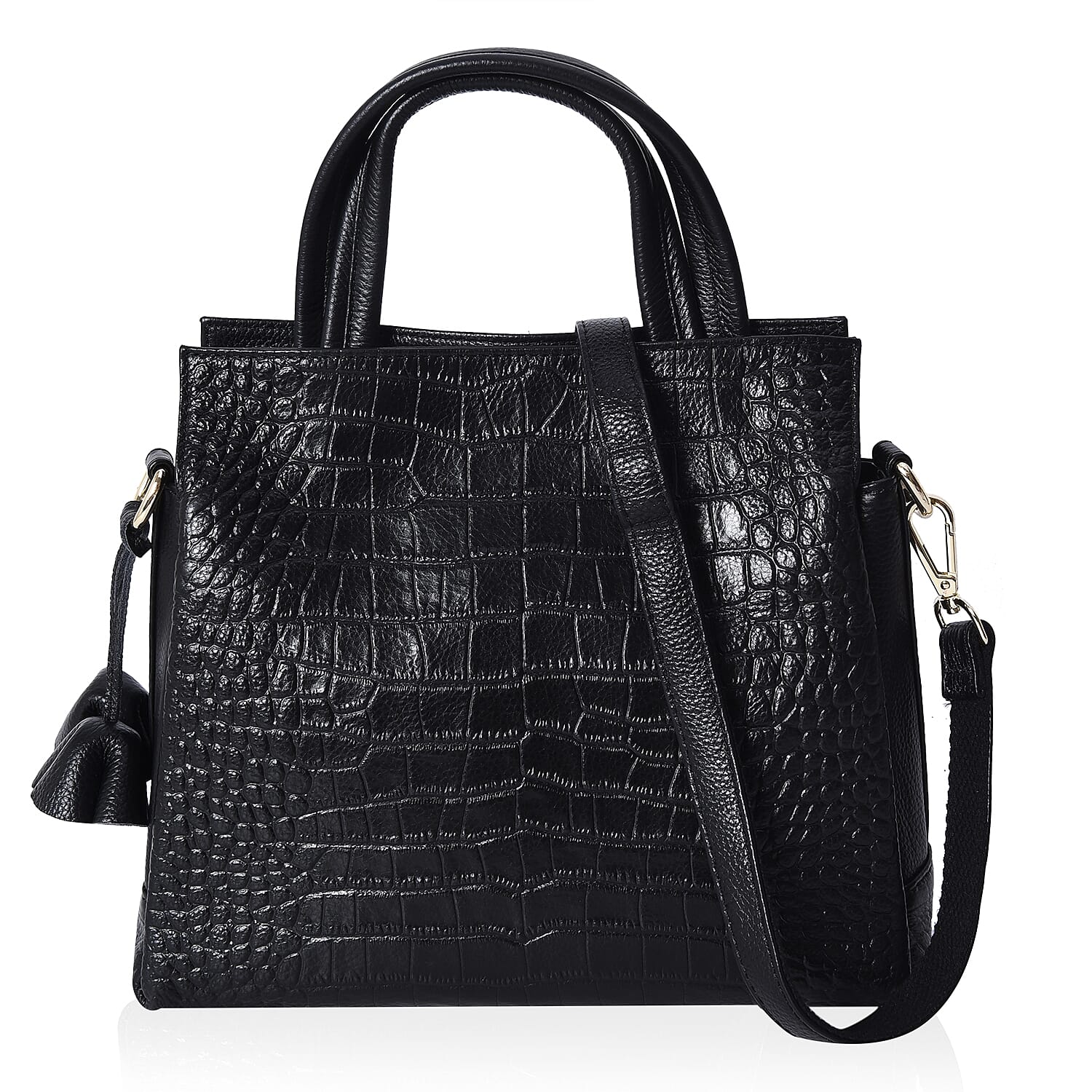 100% Genuine Leather Croc Embossed Tote Bag with Detachable Shoulder Strap (Size 28x25x11 Cm) - Black