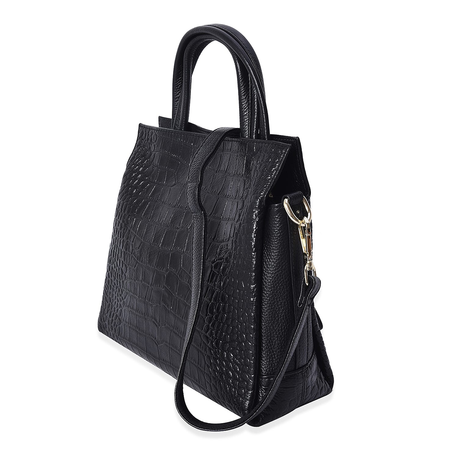 100% Genuine Leather Croc Embossed Tote Bag with Detachable Shoulder Strap (Size 28x25x11 Cm) - Black