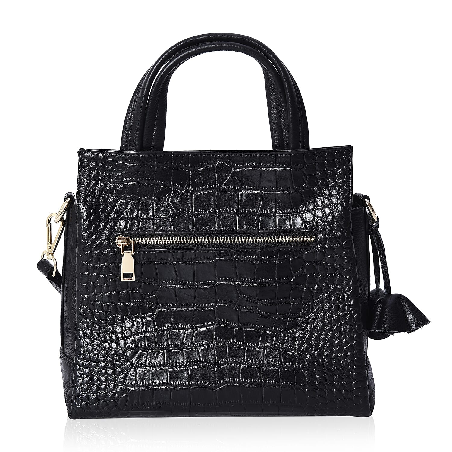 100% Genuine Leather Croc Embossed Tote Bag with Detachable Shoulder Strap (Size 28x25x11 Cm) - Black
