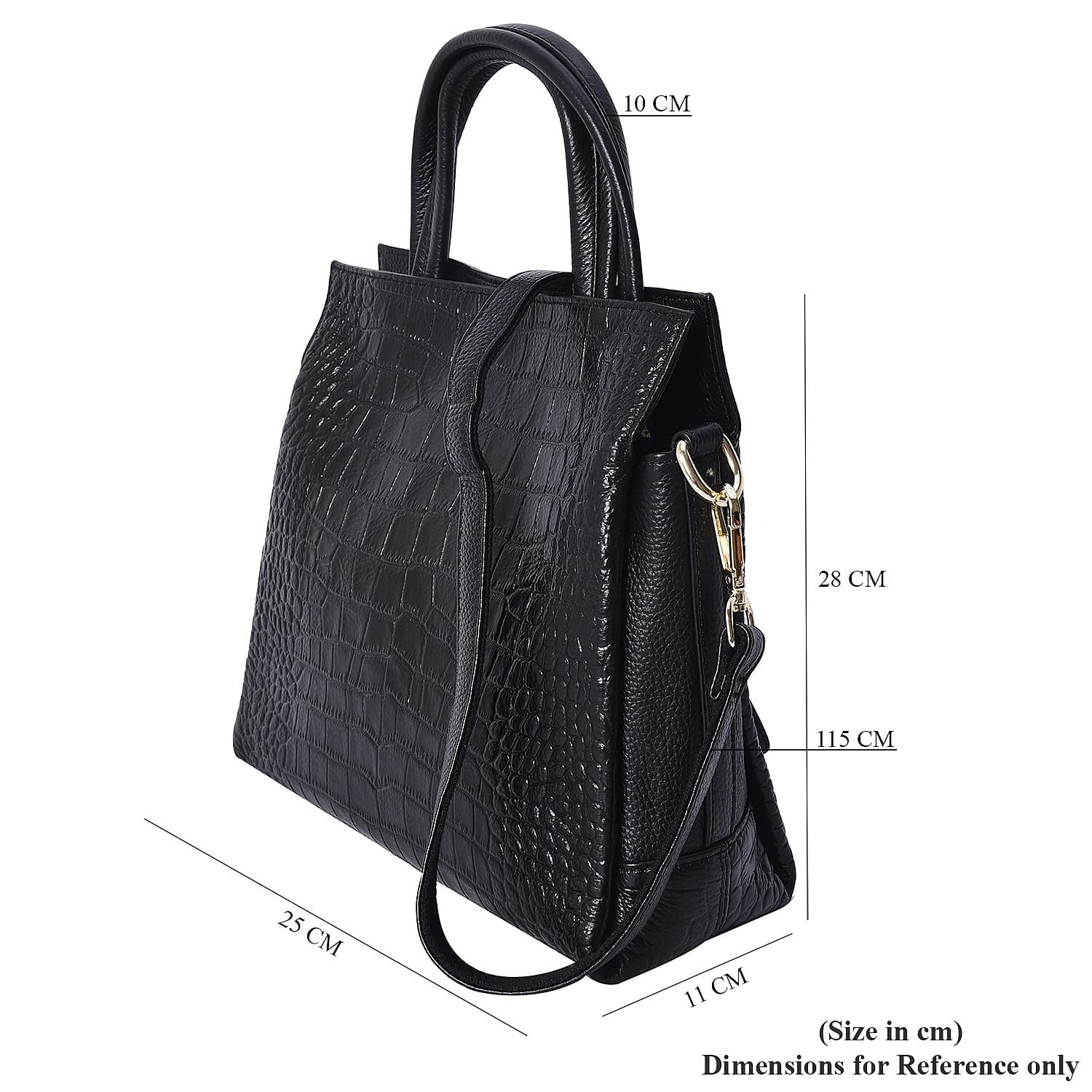 100% Genuine Leather Croc Embossed Tote Bag with Detachable Shoulder Strap (Size 28x25x11 Cm) - Black
