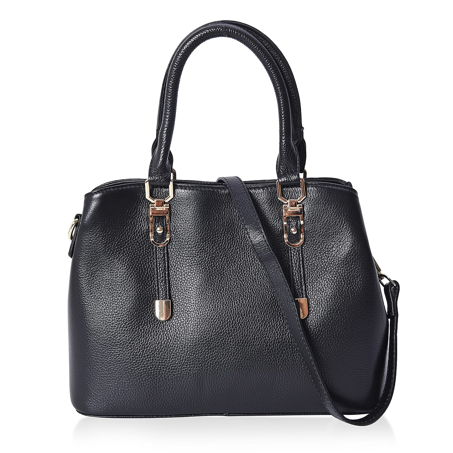 100% Genuine Leather Tote Bag with Detachable Shoulder Strap (Size 32x24x12 Cm) - Black
