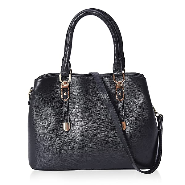 100% Genuine Leather Tote Bag with Detachable Shoulder Strap in Black ...