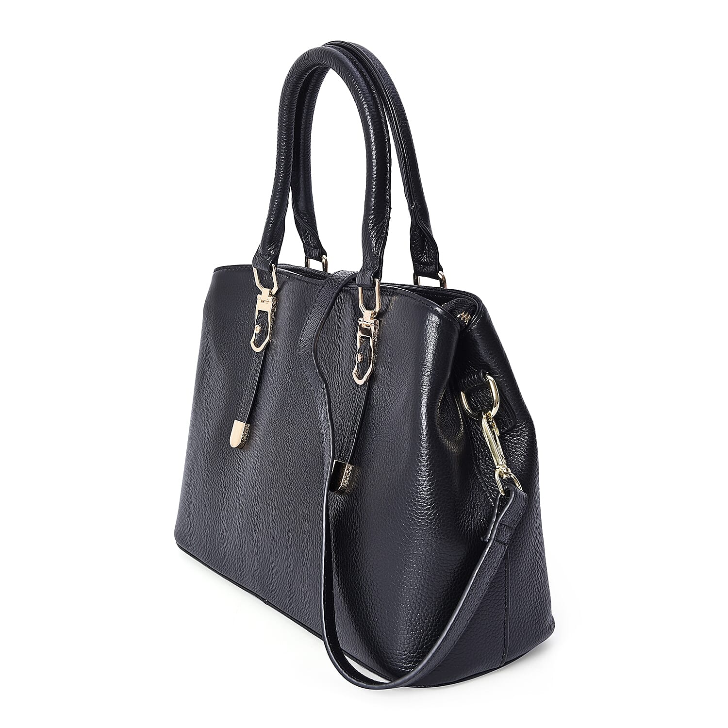 100% Genuine Leather Tote Bag with Detachable Shoulder Strap (Size 32x24x12 Cm) - Black