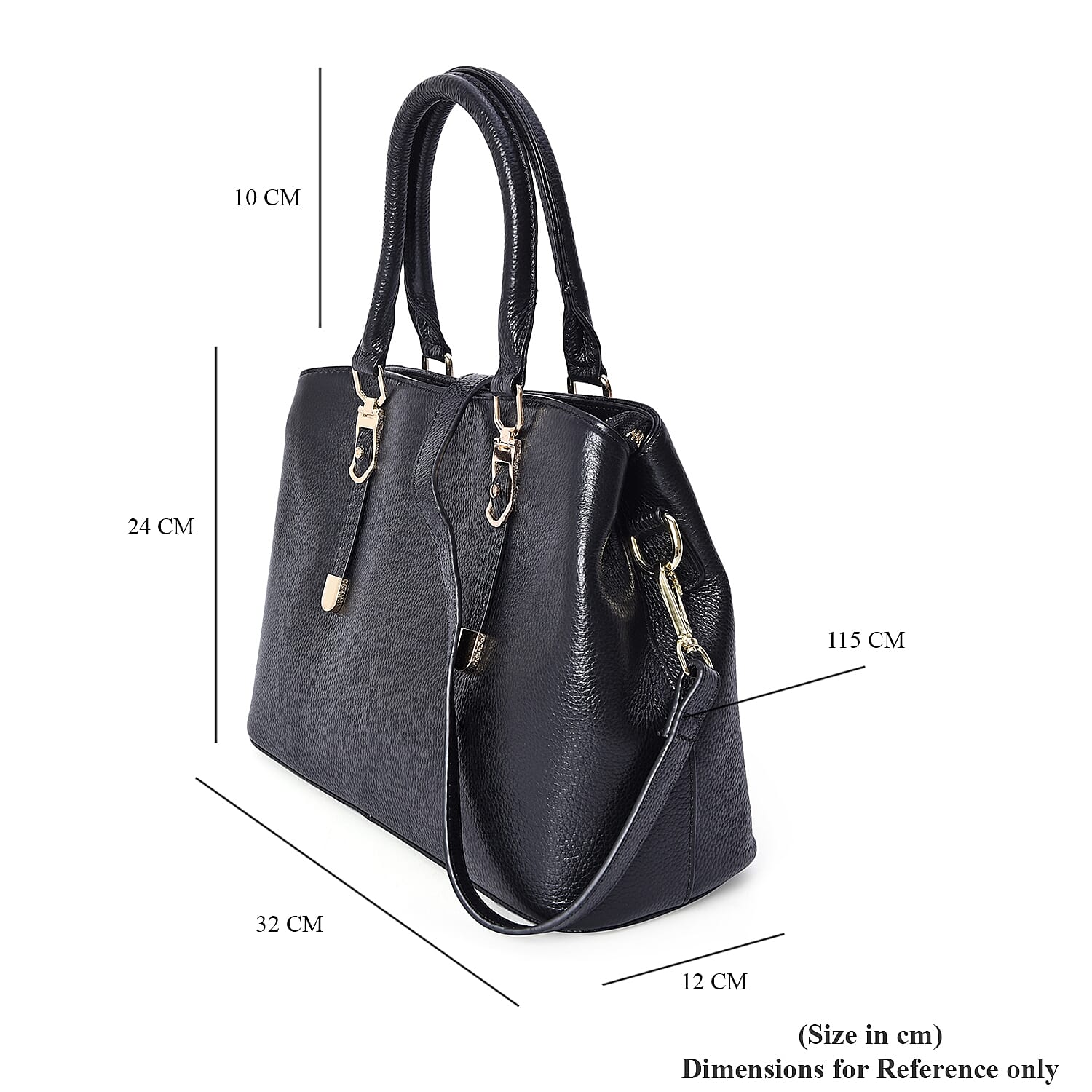 100% Genuine Leather Tote Bag with Detachable Shoulder Strap (Size 32x24x12 Cm) - Black