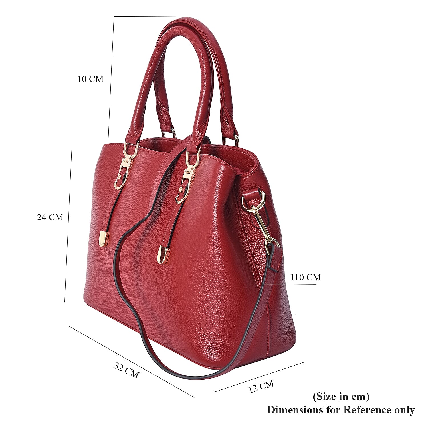 100% Genuine Leather Tote Bag with Detachable Shoulder Strap (Size 32x24x12 Cm) - Red