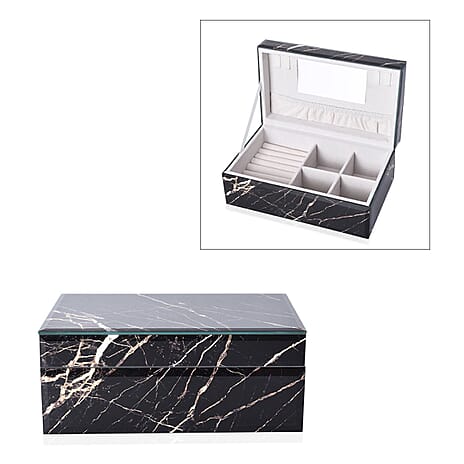 Marble Glass Jewellery Storage Box with Inside Mirror, 7 Ring Rows, 4 Necklace Hook with Pouch and 4 Sections (Size 21x13x8 Cm) - Black Moonstone