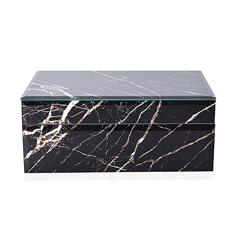Marble Glass Jewellery Storage Box with Inside Mirror, 7 Ring Rows, 4 Necklace Hook with Pouch and 4 Sections (Size 21x13x8 Cm) - Black Moonstone