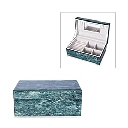 Marble Glass Jewellery Storage Box with Inside Mirror, 7 Ring Rows, 4 Necklace Hook with Pouch and 4 Sections (Size 21x13x8.5 Cm) - Green Malachite