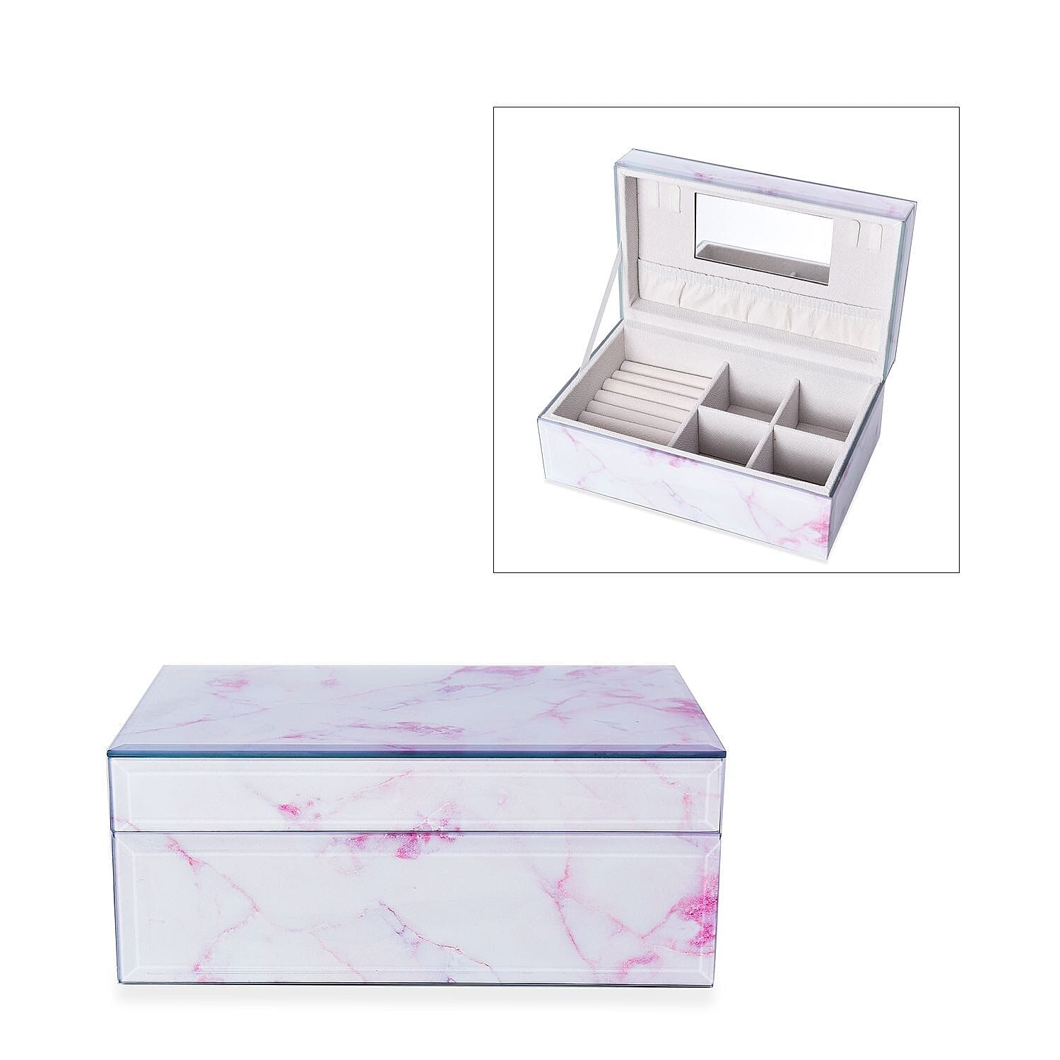 Marble Glass Jewellery Storage Box with Inside Mirror, 7 Ring Rows, 4 Necklace Hook with Pouch and 4 Sections (Size 21x13x8 Cm) - Rose Quartz