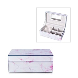 Marble Glass Jewellery Storage Box with Inside Mirror, 7 Ring Rows, 4 Necklace Hook with Pouch and 4 Sections (Size 21x13x8.5 Cm) - Rose Quartz
