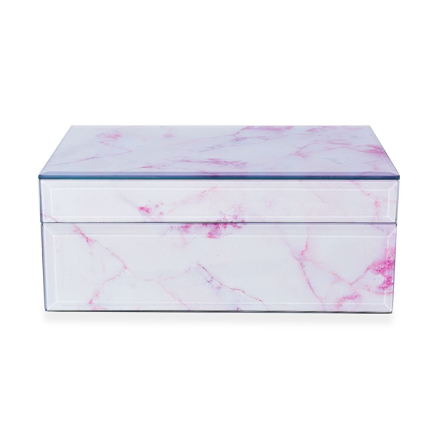 Marble Glass Jewellery Storage Box with Inside Mirror, 7 Ring Rows, 4 Necklace Hook with Pouch and 4 Sections (Size 21x13x8 Cm) - Rose Quartz