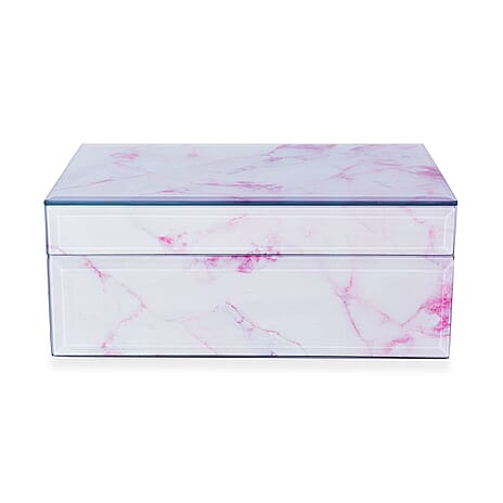 Marble Glass Jewellery Storage Box with Inside Mirror, 7 Ring Rows, 4 Necklace Hook with Pouch and 4 Sections (Size 21x13x8 Cm) - Rose Quartz