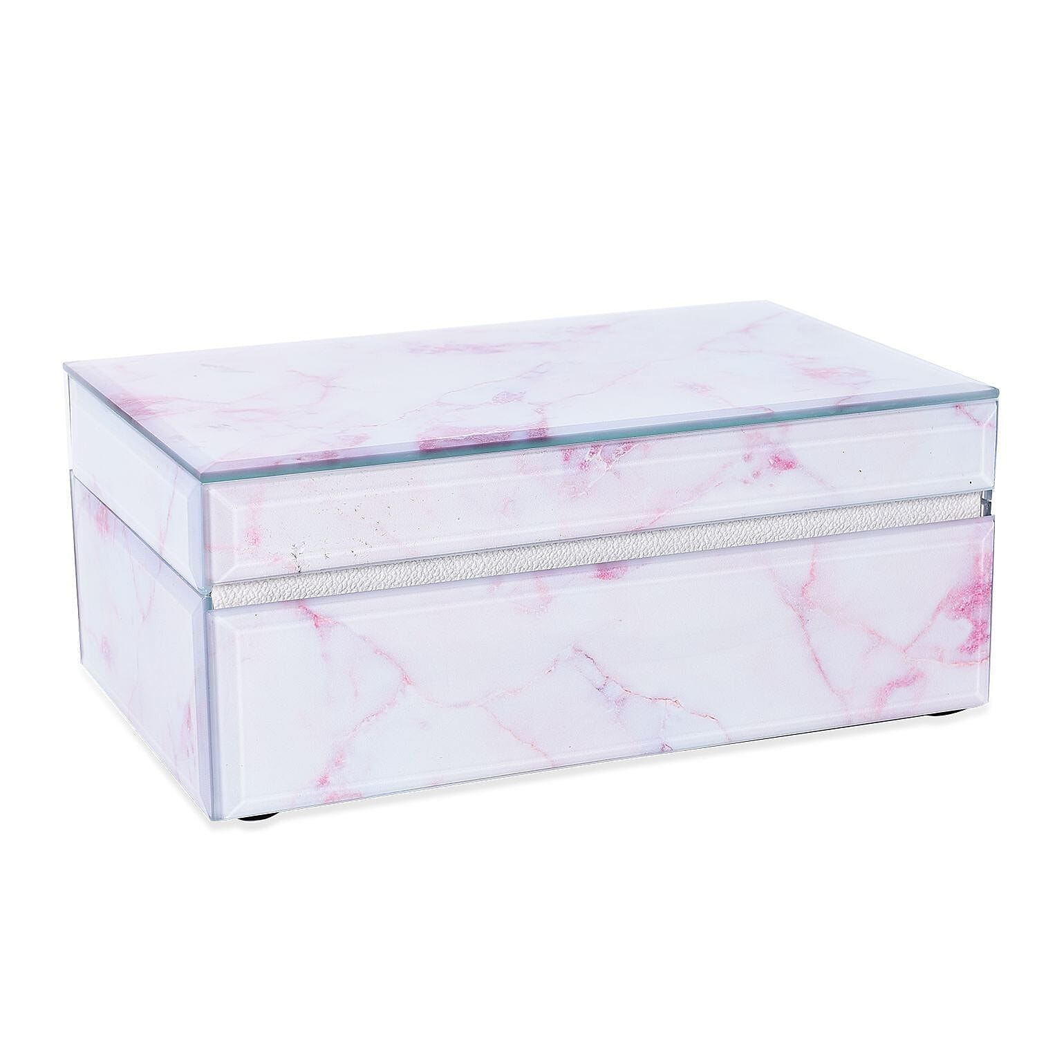 Marble Glass Jewellery Storage Box with Inside Mirror, 7 Ring Rows, 4 Necklace Hook with Pouch and 4 Sections (Size 21x13x8 Cm) - Rose Quartz