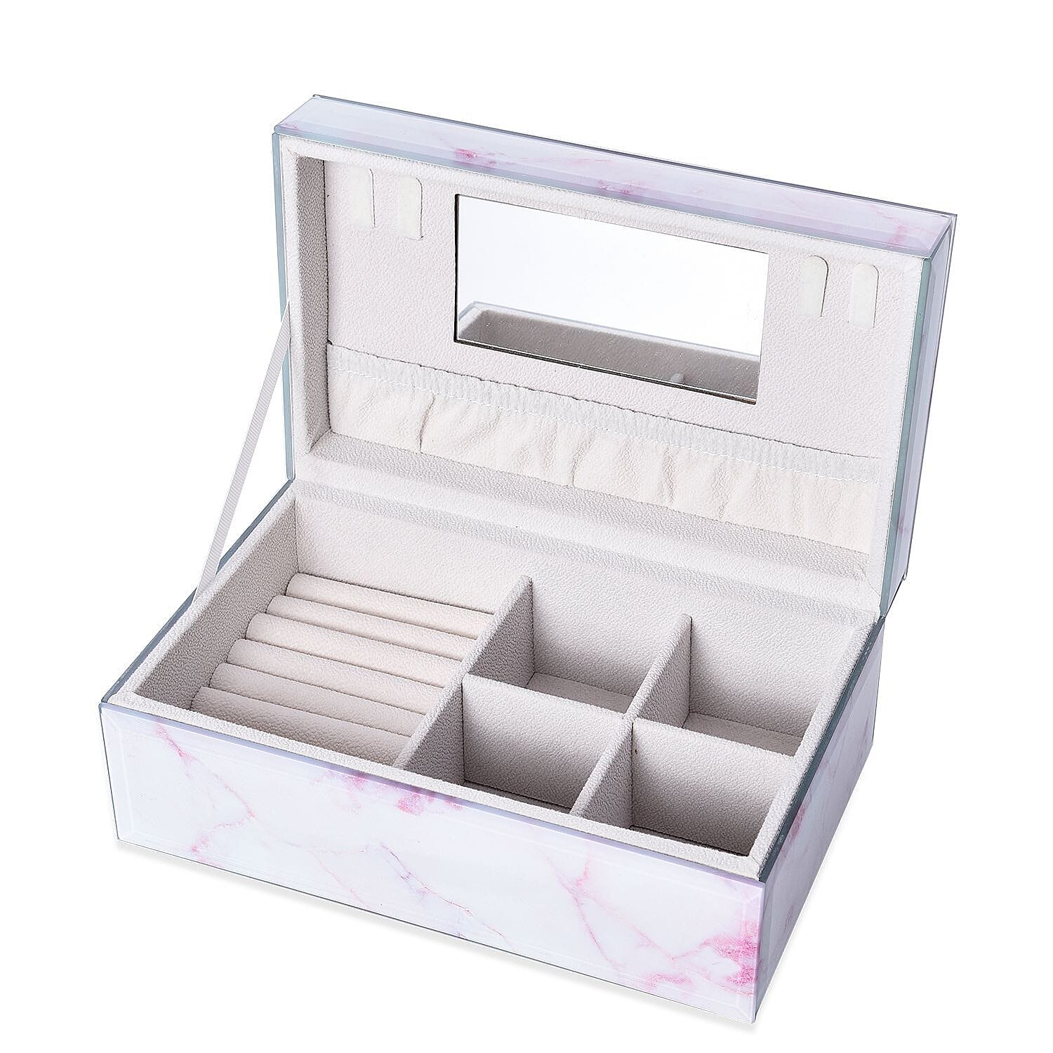 Marble Glass Jewellery Storage Box with Inside Mirror, 7 Ring Rows, 4 Necklace Hook with Pouch and 4 Sections (Size 21x13x8 Cm) - Rose Quartz