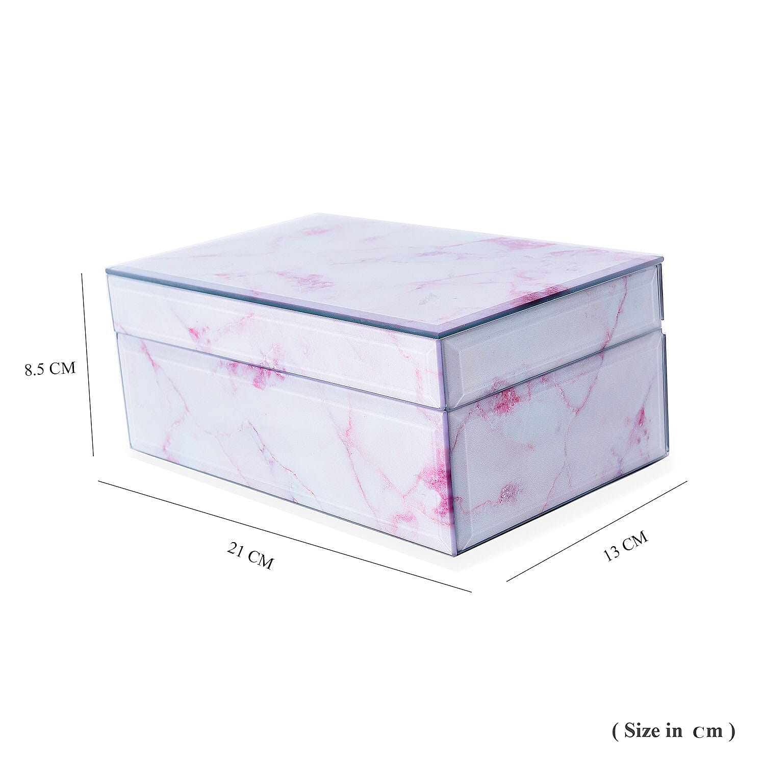 Marble Glass Jewellery Storage Box with Inside Mirror, 7 Ring Rows, 4 Necklace Hook with Pouch and 4 Sections (Size 21x13x8 Cm) - Rose Quartz