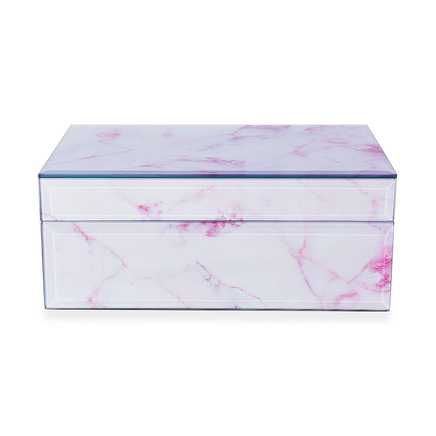 Marble Glass Jewellery Storage Box with Inside Mirror, 7 Ring Rows, 4 Necklace Hook with Pouch and 4 Sections (Size 21x13x8 Cm) - Rose Quartz