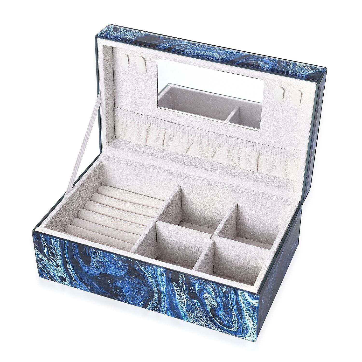 Marble Glass Jewellery Storage Box with Inside Mirror, 7 Ring Rows, 4 Necklace Hook with Pouch and 4 Sections (Size 21x13x8 Cm) - Blue Lapis Marble Glass Jewellery Storage Box with Inside Mirror, 7 Ring Rows, 4 Necklace Hook with Pouch and 4 Sections (Size 21x13x8 Cm) - Blue Lapis