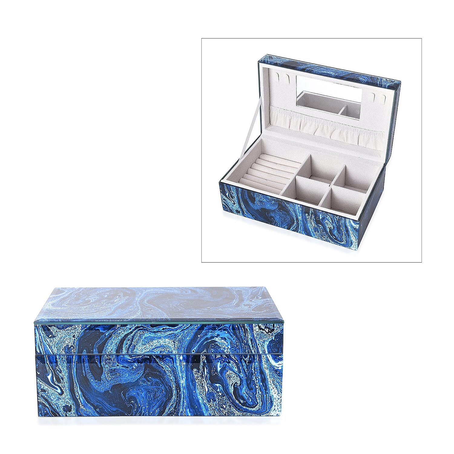 Marble Glass Jewellery Storage Box with Inside Mirror, 7 Ring Rows, 4 Necklace Hook with Pouch and 4 Sections (Size 21x13x8 Cm) - Blue Lapis Marble Glass Jewellery Storage Box with Inside Mirror, 7 Ring Rows, 4 Necklace Hook with Pouch and 4 Sections (Size 21x13x8 Cm) - Blue Lapis