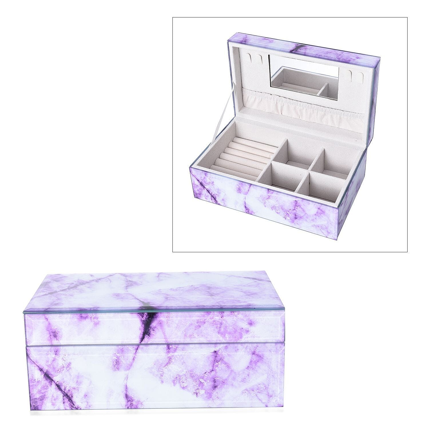 Marble Glass Jewellery Storage Box with Inside Mirror, 7 Ring Rows, 4 Necklace Hook with Pouch and 4 Sections (Size 21x13x8 Cm) - Purple Amethyst
