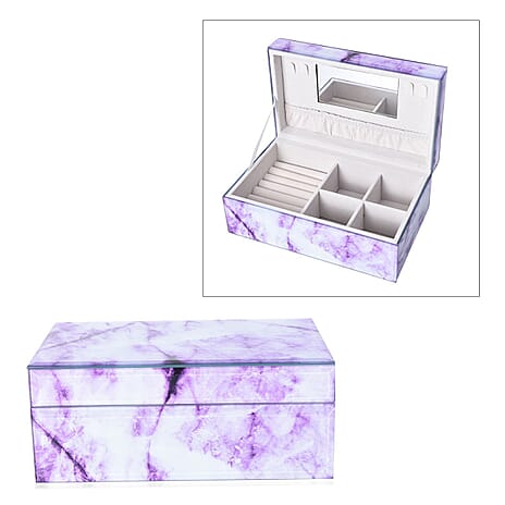 Marble Glass Jewellery Storage Box with Inside Mirror, 7 Ring Rows, 4 Necklace Hook with Pouch and 4 Sections (Size 21x13x8 Cm) - Purple Amethyst