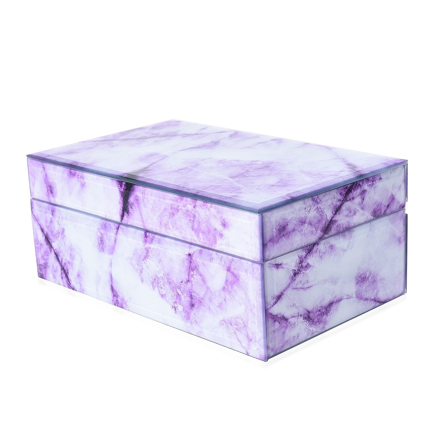 Marble Glass Jewellery Storage Box with Inside Mirror, 7 Ring Rows, 4 Necklace Hook with Pouch and 4 Sections (Size 21x13x8 Cm) - Purple Amethyst