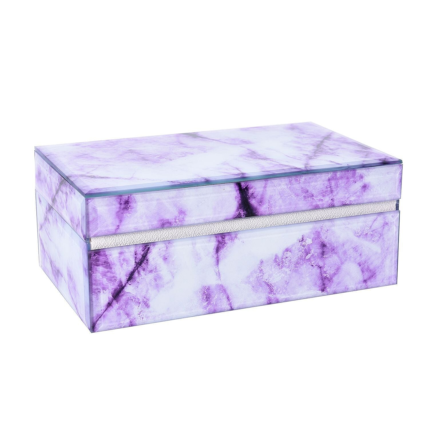 Marble Glass Jewellery Storage Box with Inside Mirror, 7 Ring Rows, 4 Necklace Hook with Pouch and 4 Sections (Size 21x13x8 Cm) - Purple Amethyst