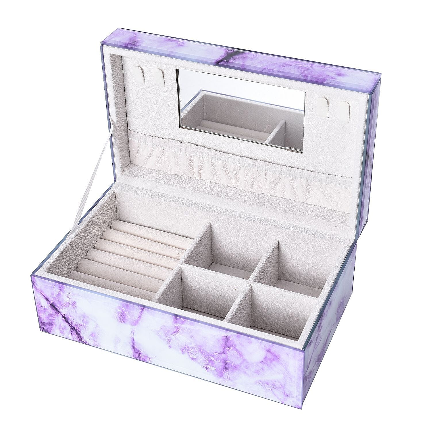 Marble Glass Jewellery Storage Box with Inside Mirror, 7 Ring Rows, 4 Necklace Hook with Pouch and 4 Sections (Size 21x13x8 Cm) - Purple Amethyst