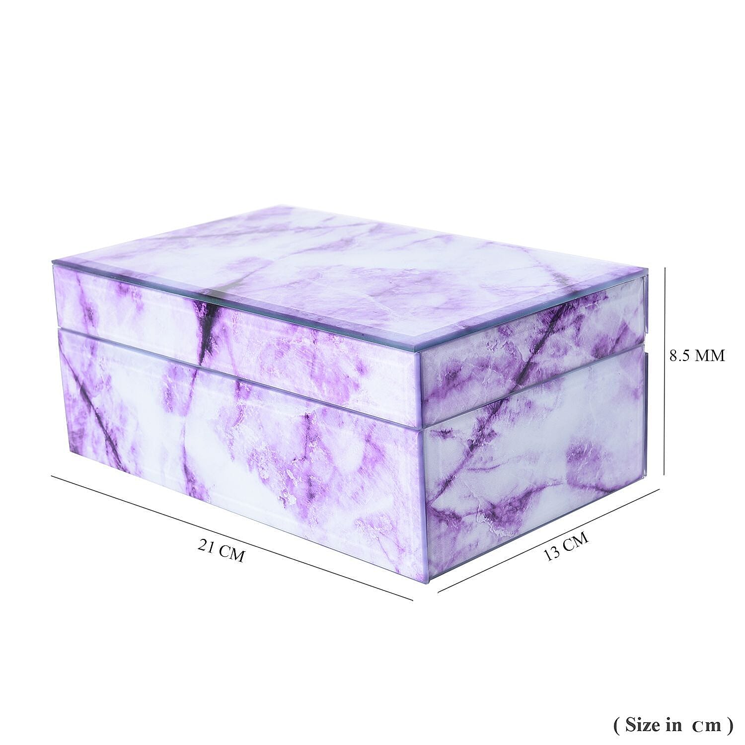 Marble Glass Jewellery Storage Box with Inside Mirror, 7 Ring Rows, 4 Necklace Hook with Pouch and 4 Sections (Size 21x13x8 Cm) - Purple Amethyst