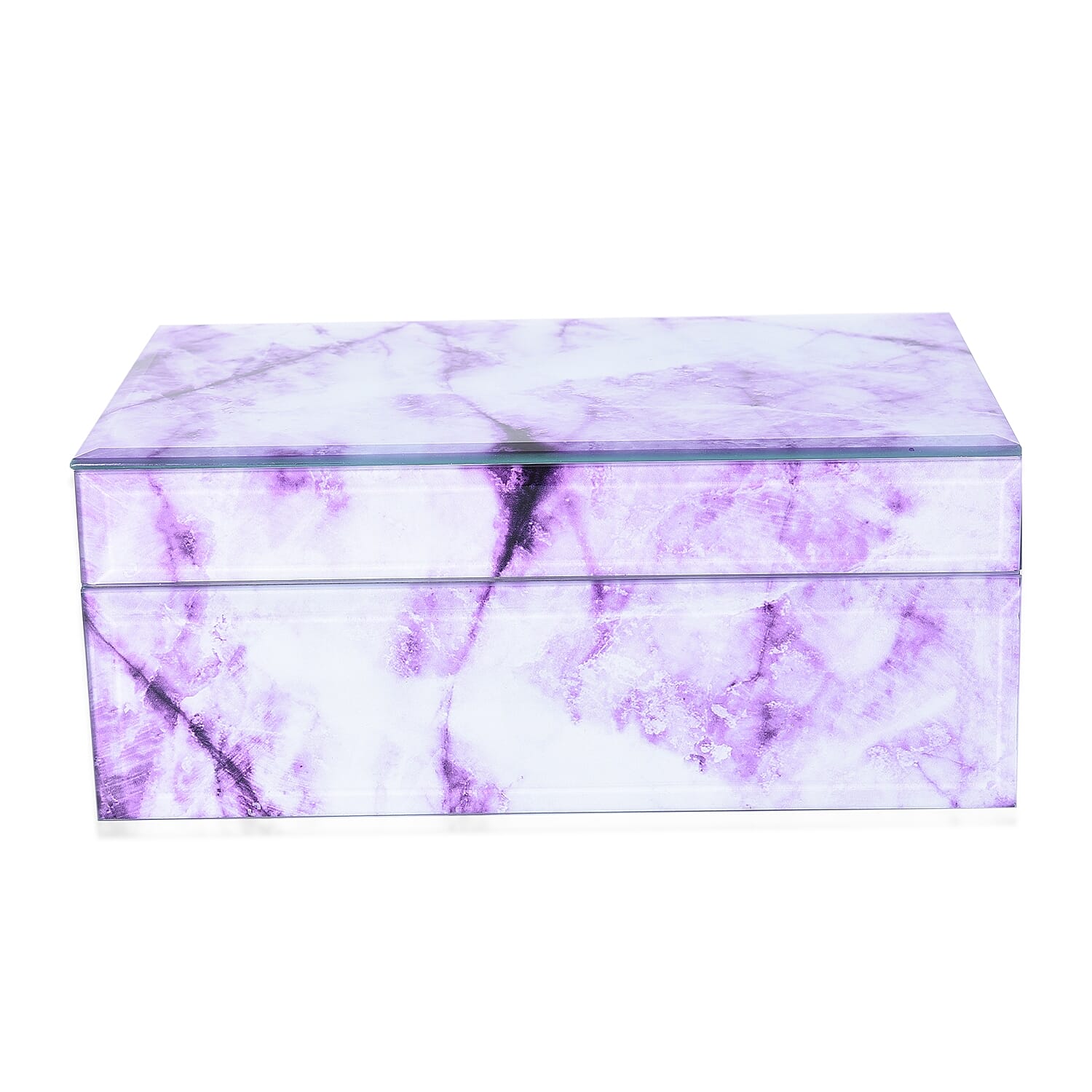 Marble Glass Jewellery Storage Box with Inside Mirror, 7 Ring Rows, 4 Necklace Hook with Pouch and 4 Sections (Size 21x13x8 Cm) - Purple Amethyst