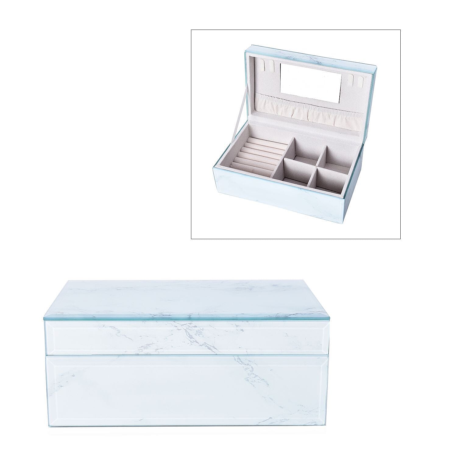 Marble Glass Jewellery Storage Box with Inside Mirror, 7 Ring Rows, 4 Necklace Hook with Pouch and 4 Sections (Size 21x13x8 Cm) - White Magnesite